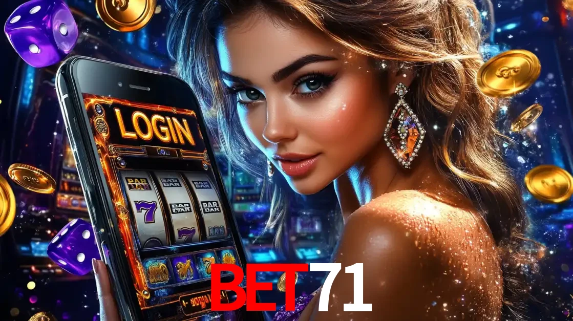 Mulher glamorosa segurando um smartphone com a tela de login para os jogos de caça-níqueis do cassino online BET71, com moedas de ouro e dados ao redor.