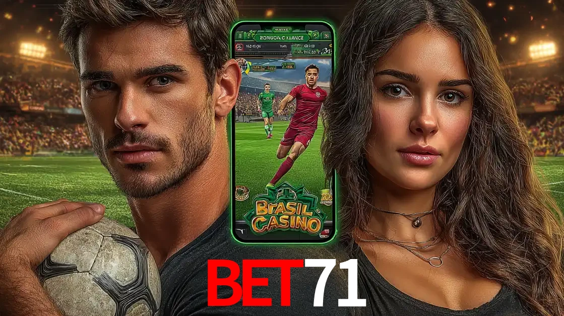 Homem segurando uma bola de futebol e uma mulher ao lado de um smartphone exibindo o jogo de apostas esportivas da BET71. Faça seu palpite no cassino online.